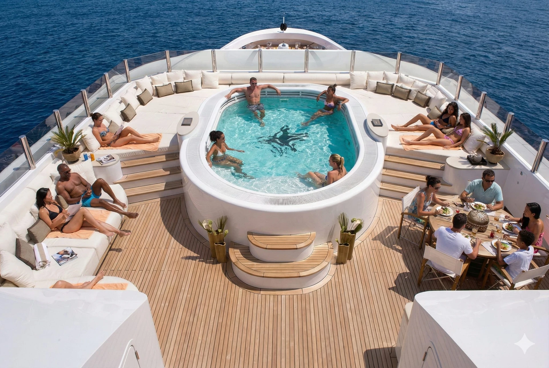 Upper deck with jacuzzi and sun lounges